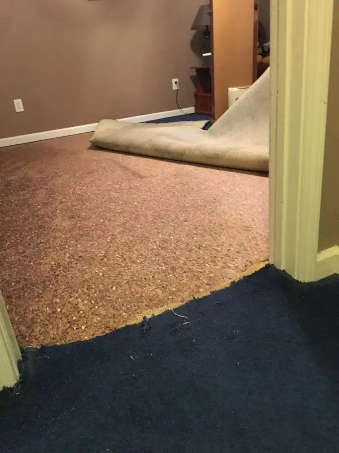Carpet pad removal revealing water damage during Water Mitigation Services in Yoakum